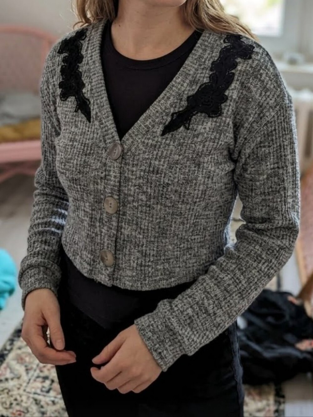 Joyfolie Gray Cropped Button Cardigan with Black Lace Appliqué